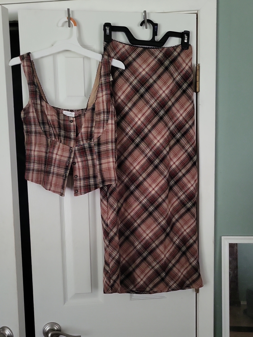 Plaid Maxi Dress with Shirred Bodice - Beige Pink
